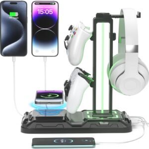 Gaming Headphone & Controller Stand with Wireless Charging Dock