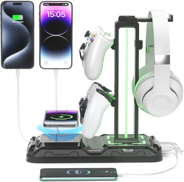 Gaming Headphone & Controller Stand with Wireless Charging Dock
