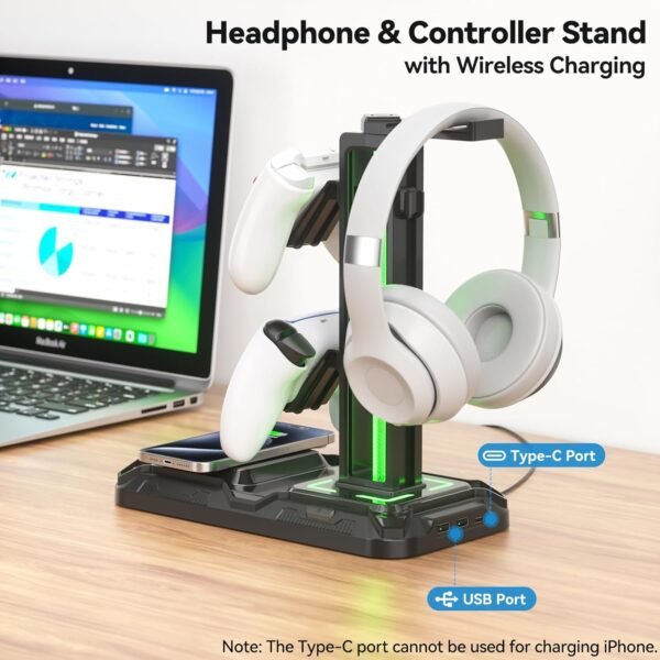 Gaming Headphone & Controller Stand with Wireless Charging Dock - Image 2