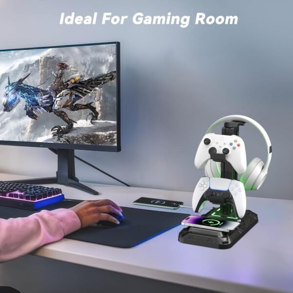 Gaming Headphone & Controller Stand with Wireless Charging Dock - Image 7