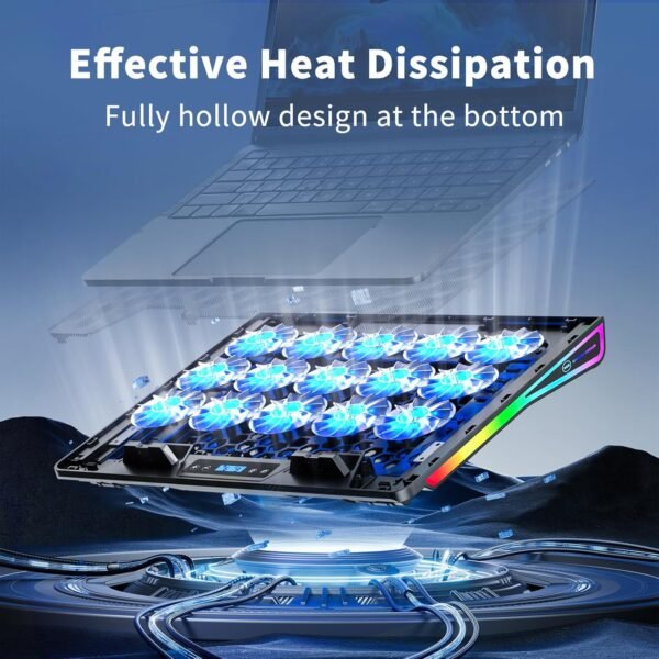 Laptop Cooling Pad with 15 Fans, RGB Lights & Adjustable Stands - Image 2
