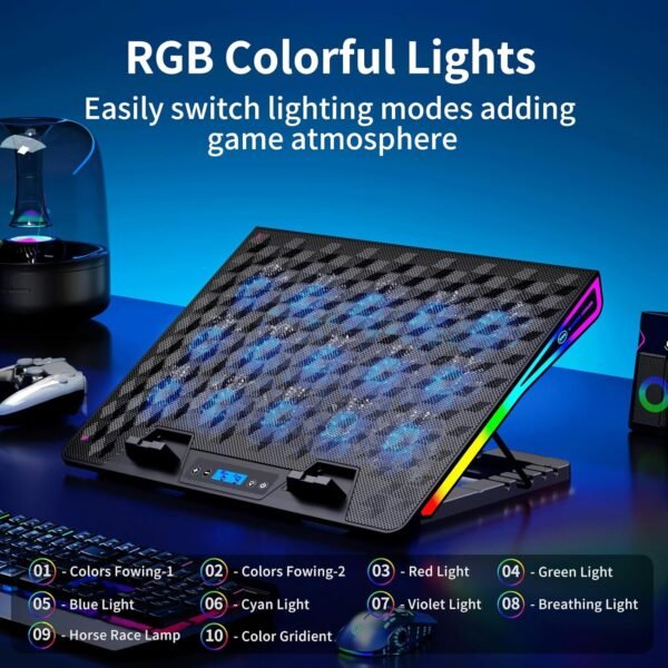 Laptop Cooling Pad with 15 Fans, RGB Lights & Adjustable Stands - Image 5